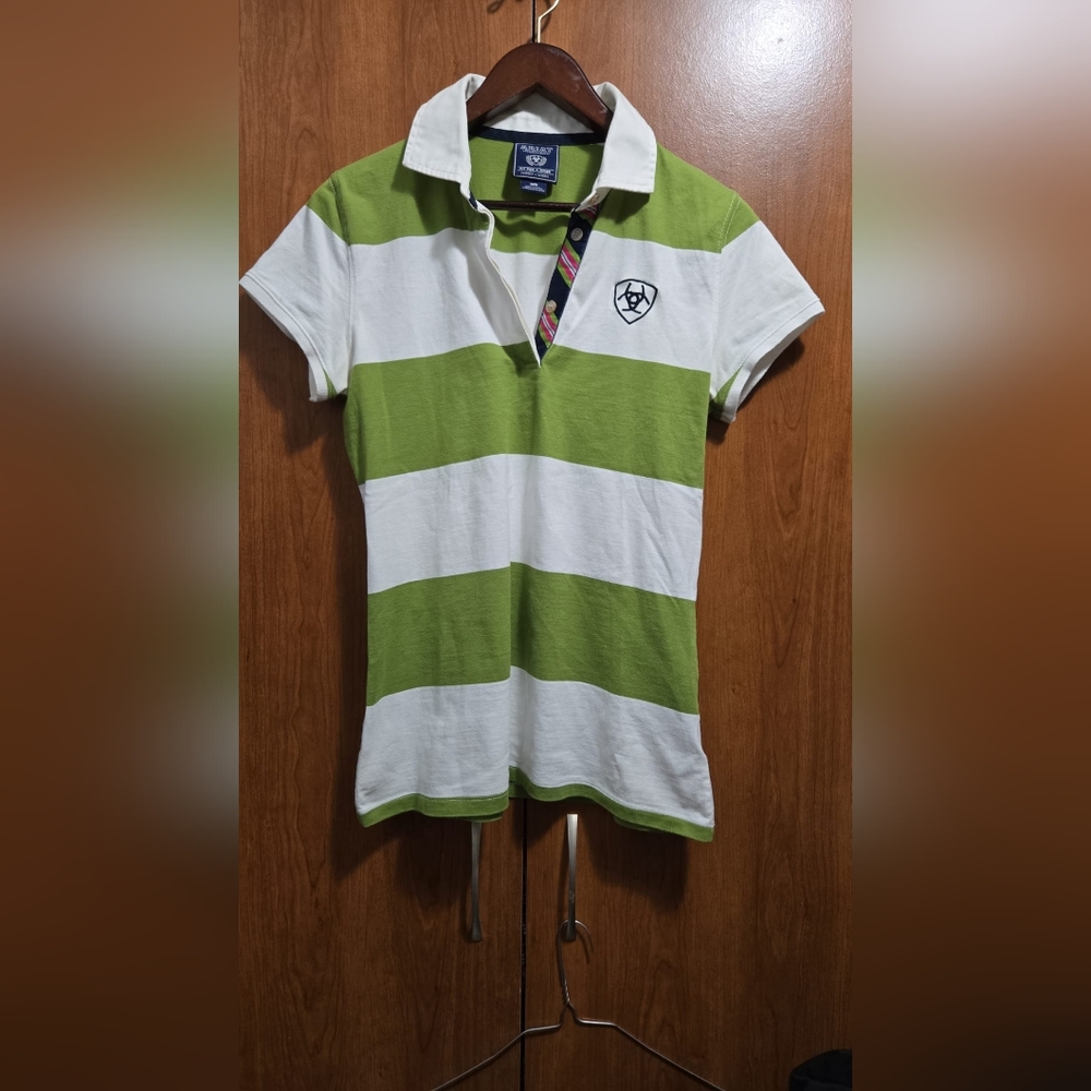 Ariat Women Polo  Lime Green and White Top
